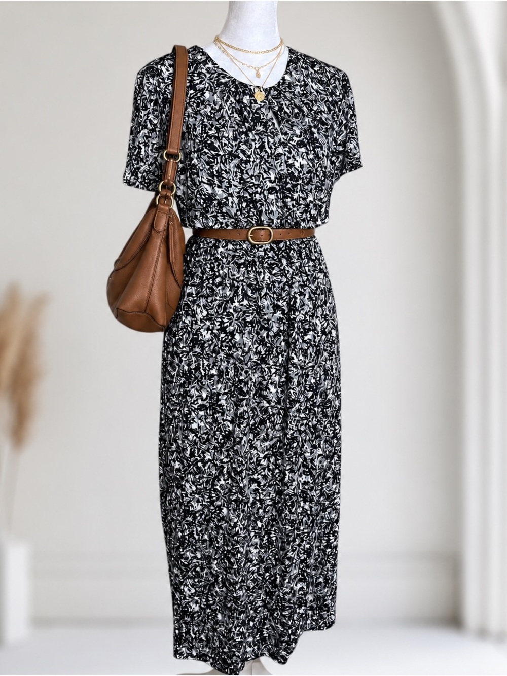 BOSS Hugo Boss Abstract Print Short Sleeve Midi Dress Pockets Size M